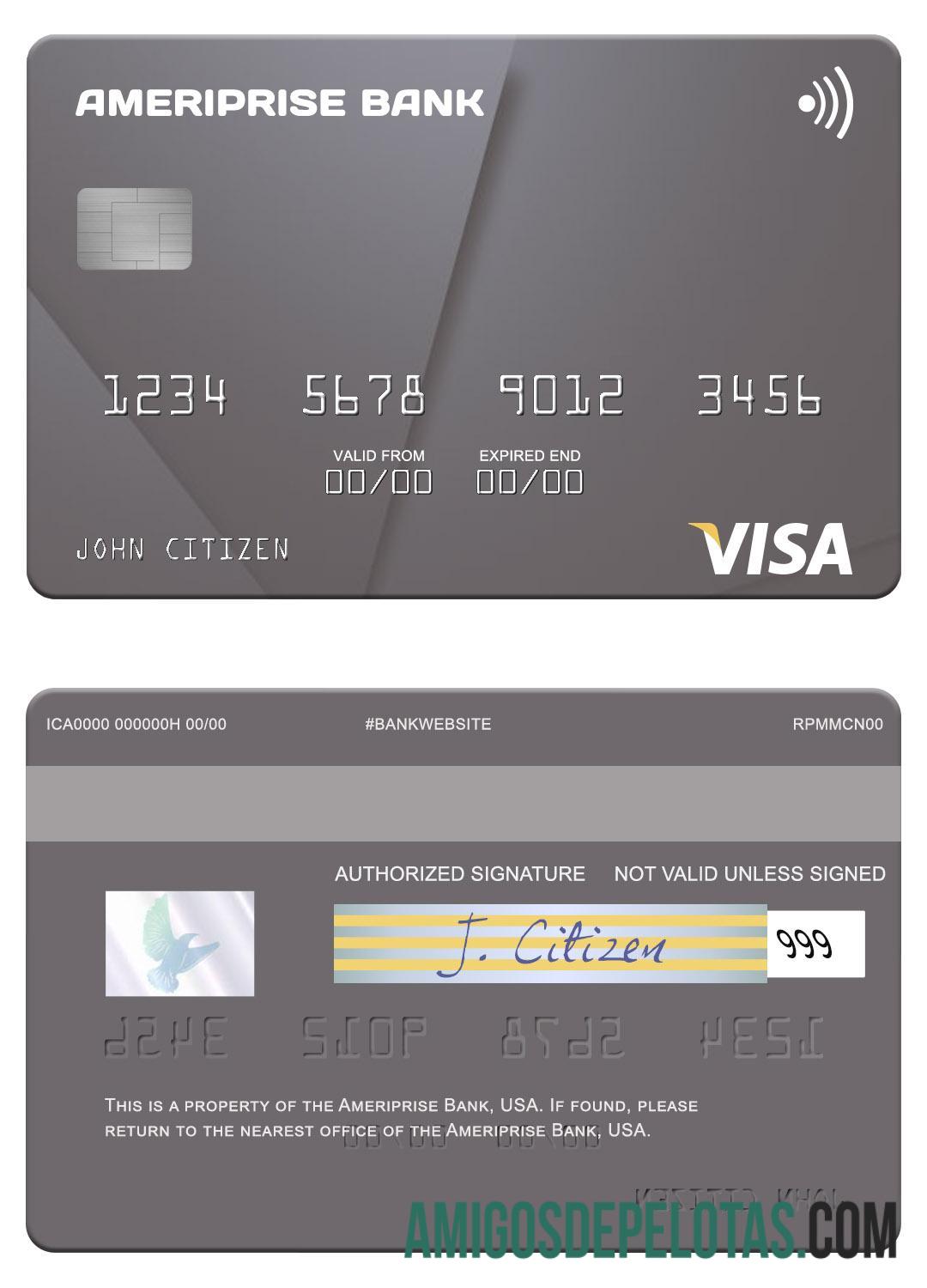 Cartão Visa do Banco Ameriprise dos EUA exemplo real